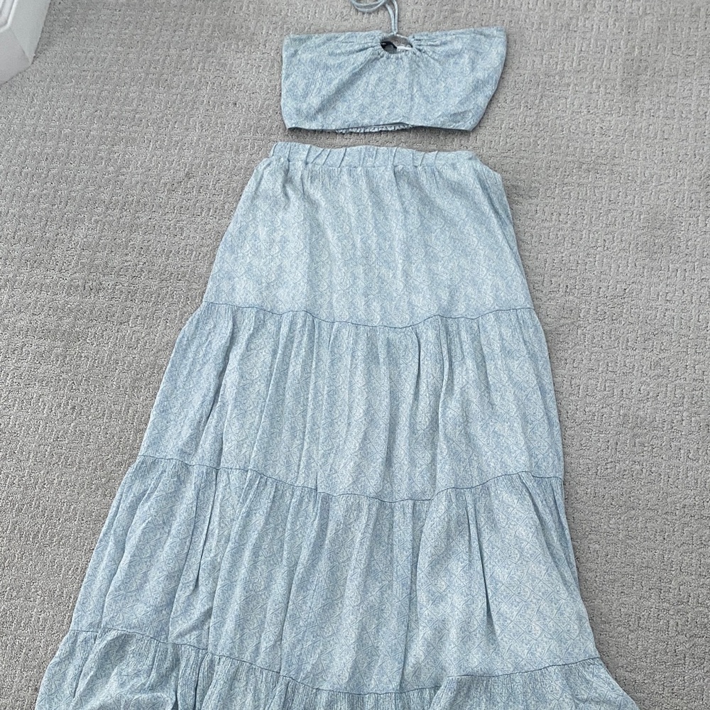 Lulus Blue Patterned Crop Top and Maxi Skirt.